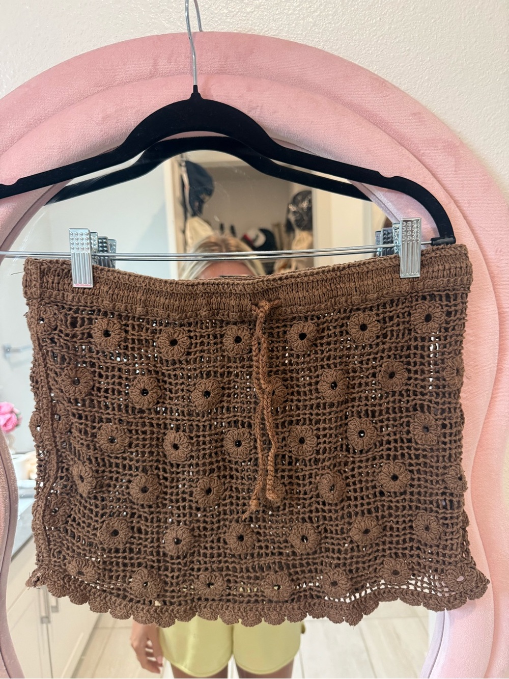 Mango Brown Crochet Drawstring Mini Skirt